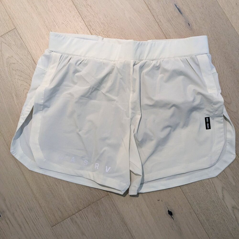 ASRV Sportswear Ultralight 5" high split liner short, cream/black, large, mens.